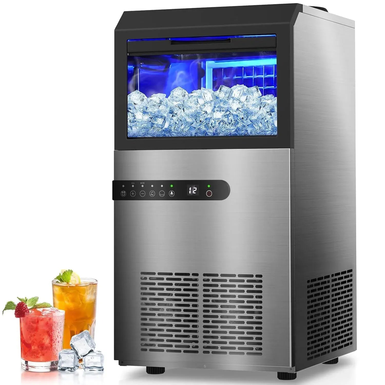 Portable Commercial Ice Maker Machine, Stainless Steel, 45KG/24HR, Silver