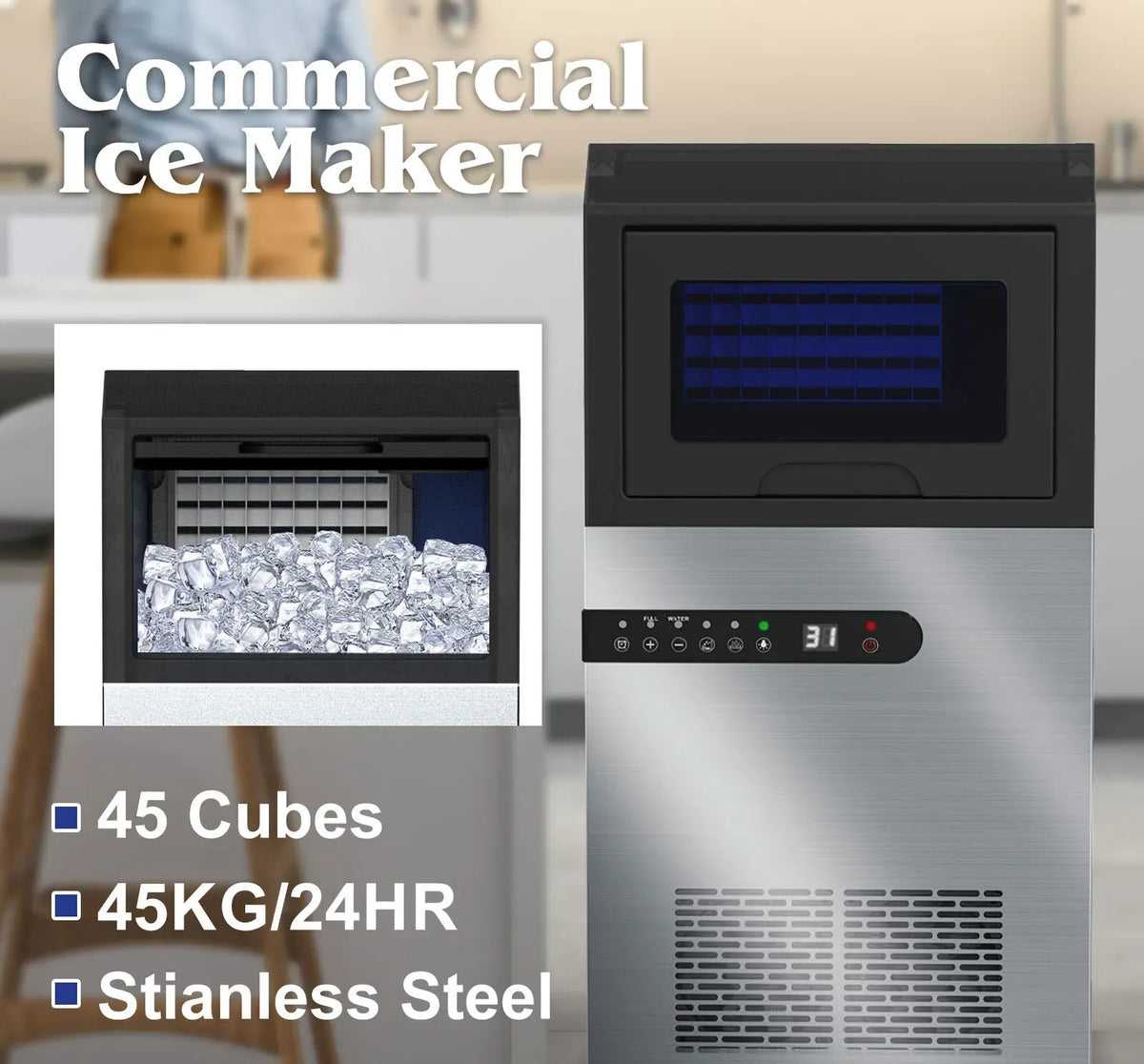 Portable Commercial Ice Maker Machine, Stainless Steel, 45KG/24HR, Silver
