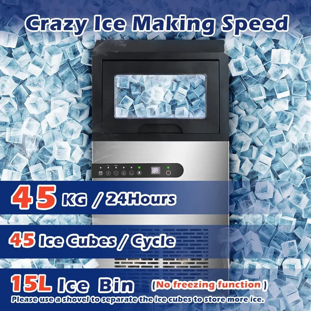 Portable Commercial Ice Maker Machine, Stainless Steel, 45KG/24HR, Silver