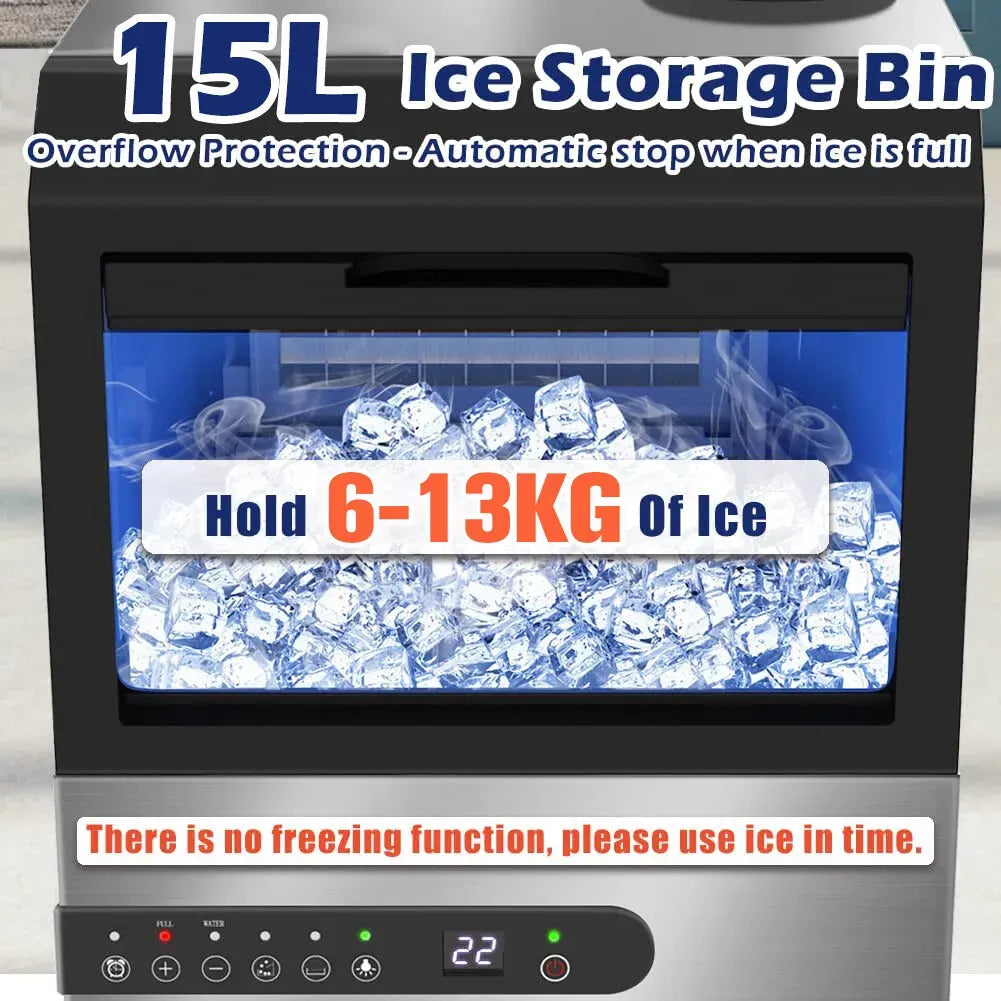 Portable Commercial Ice Maker Machine, Stainless Steel, 45KG/24HR, Silver