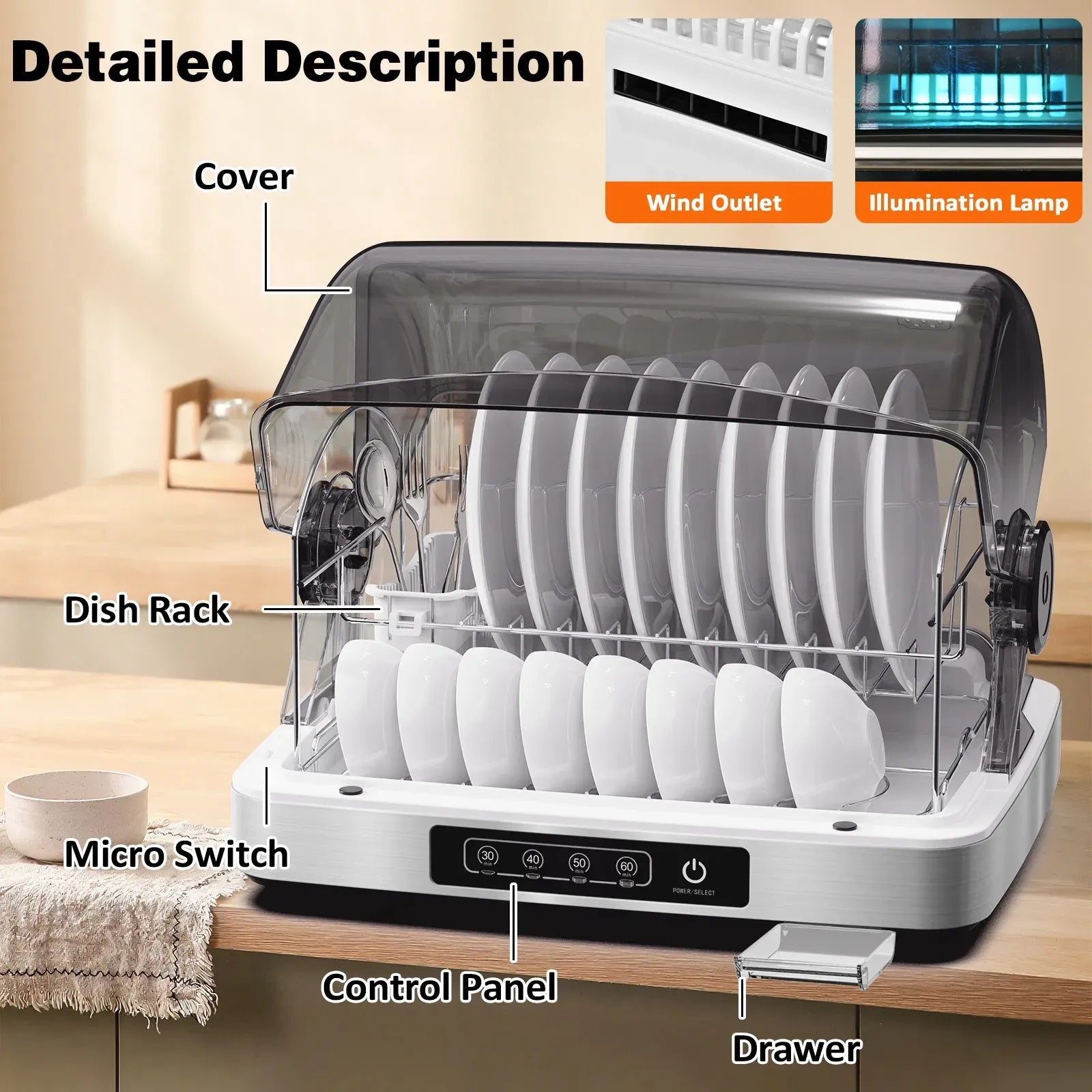 32L Black Countertop Steriliser Cabinet with Hot Air Drying Technology