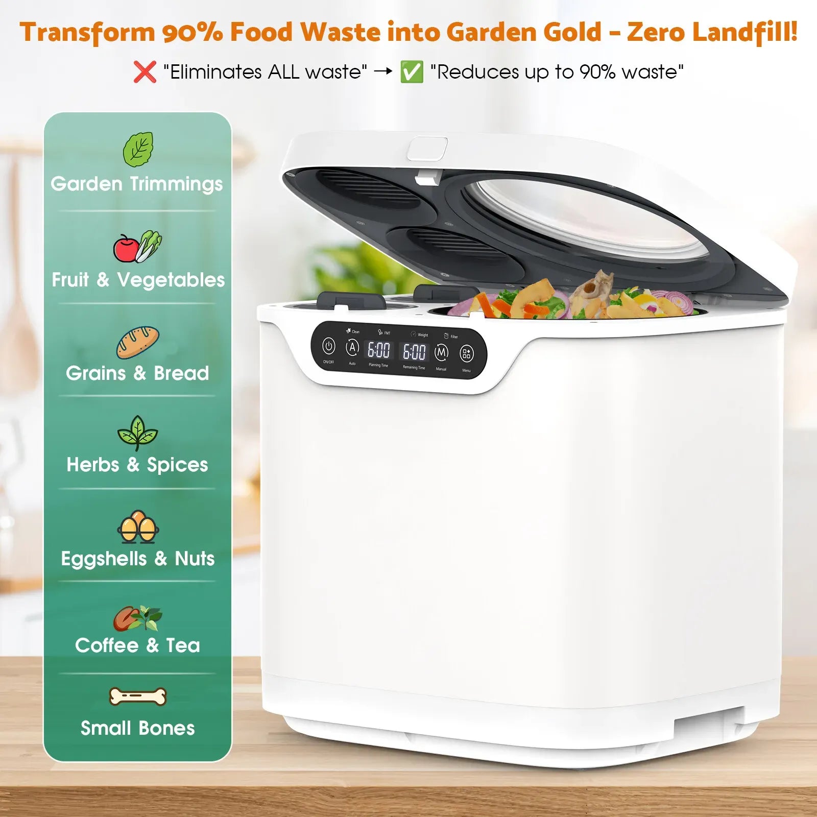4L Electric Composter in White for Kitchen Food Waste Recycling