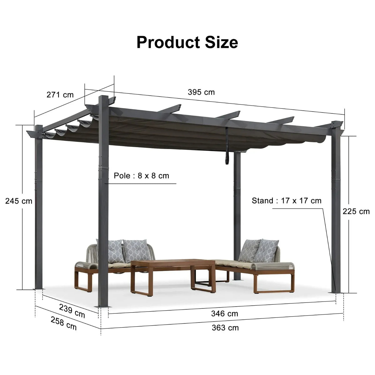 2.7 x 4 M Grey Outdoor Retractable Pergola for Patio