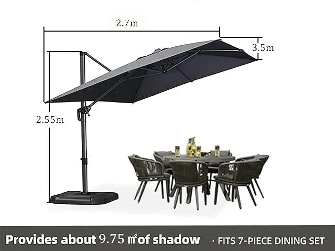 2.7x3.5m Grey Patio Cantilever Umbrella with 360-Degree Rotation
