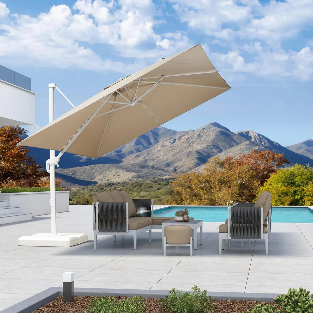 Beige White Cantilever Outdoor Umbrella 3m x 4m with 360-Degree Rotation