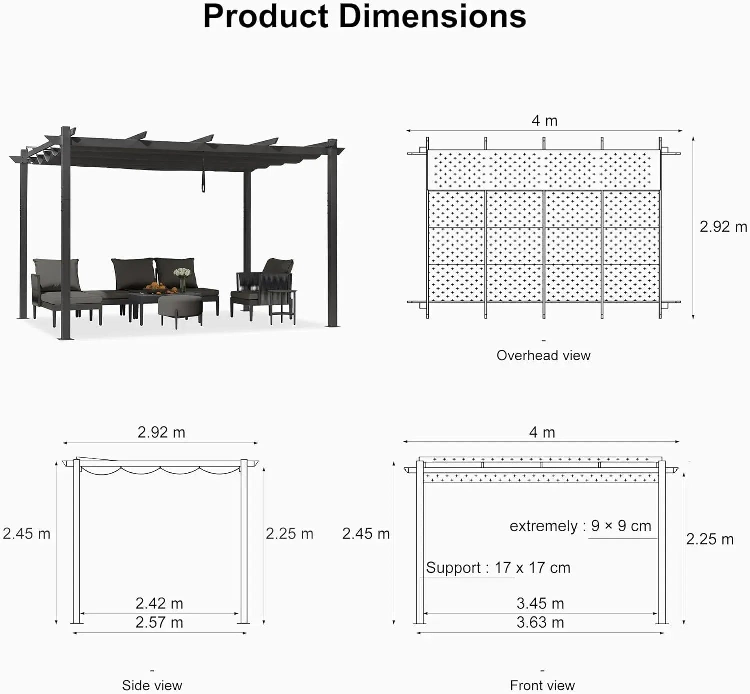 3 x 4 M Grey Outdoor Garden Pergola with Inclined Top Patio Gazebo