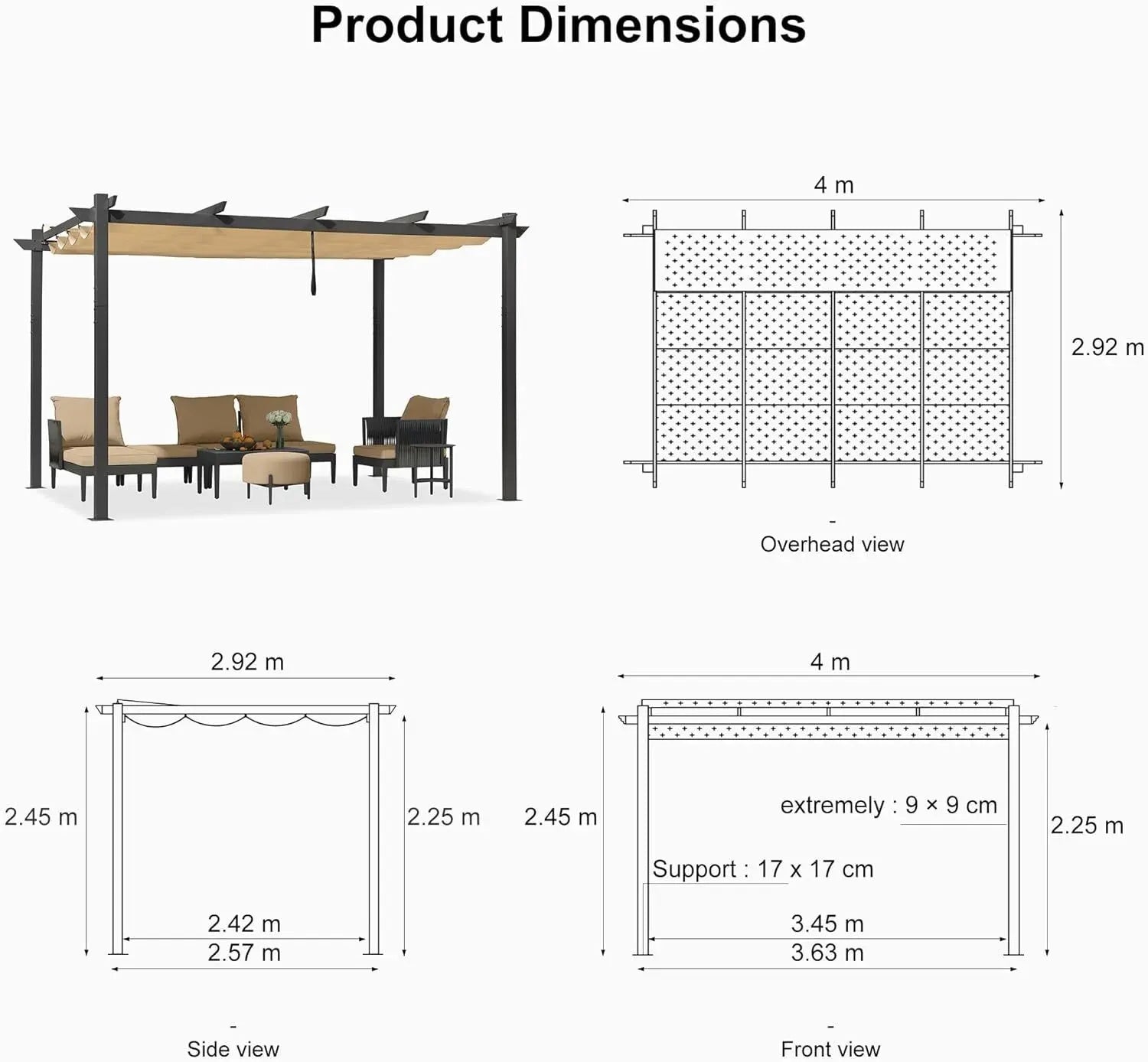 3x4m Beige Outdoor Garden Pergola with Extra Inclined Top Patio Gazebo