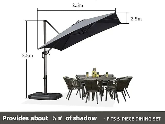 2.5x2.5m Grey Patio Cantilever Outdoor Umbrella with 360-Degree Rotation