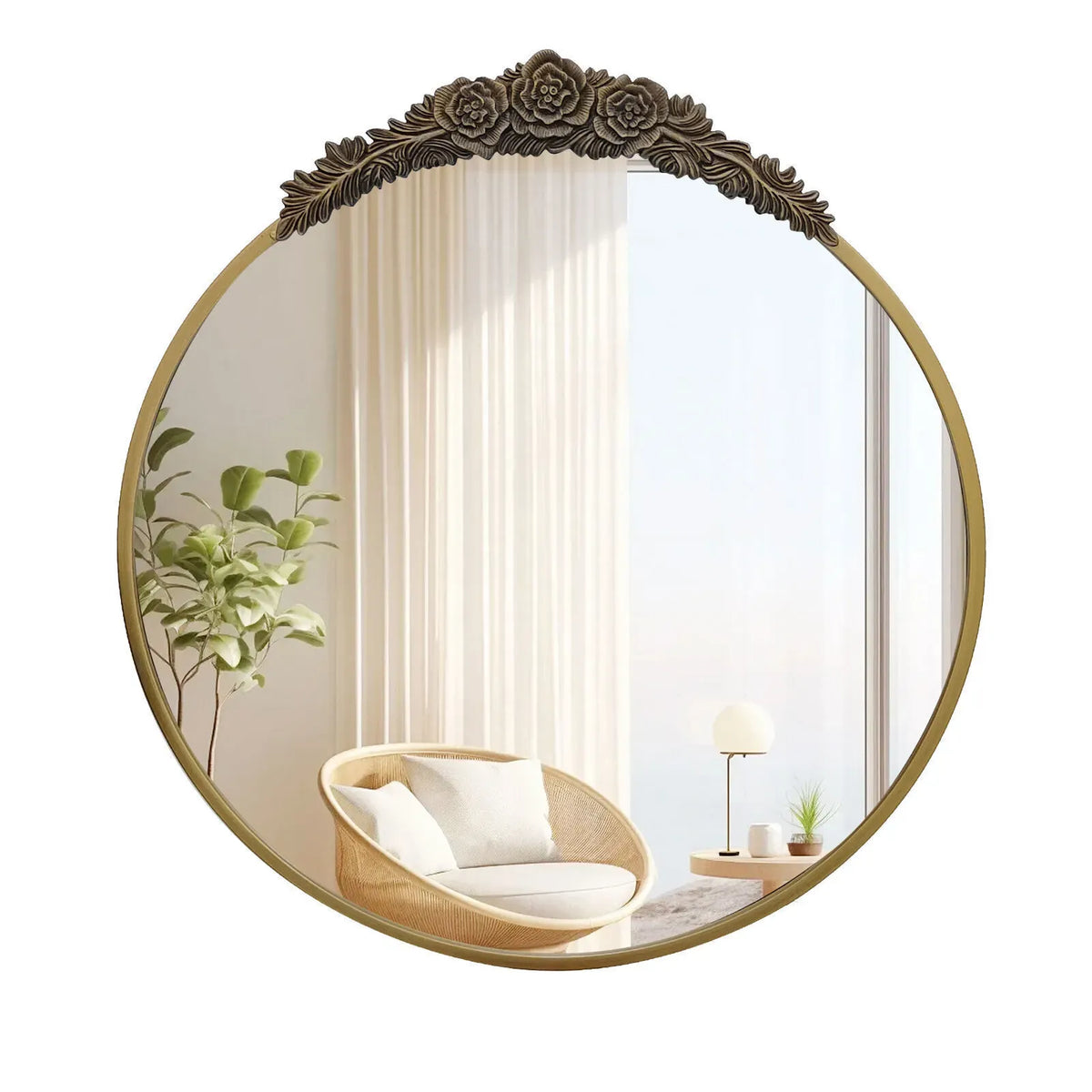 24" Brass Gold Round Baroque Wall Mirror with Embossed Frame