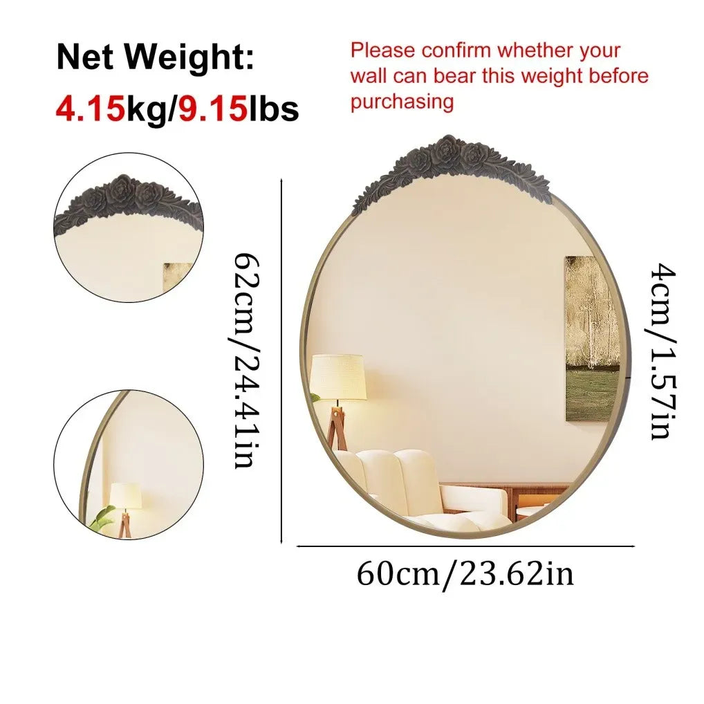 24" Brass Gold Round Baroque Wall Mirror with Embossed Frame