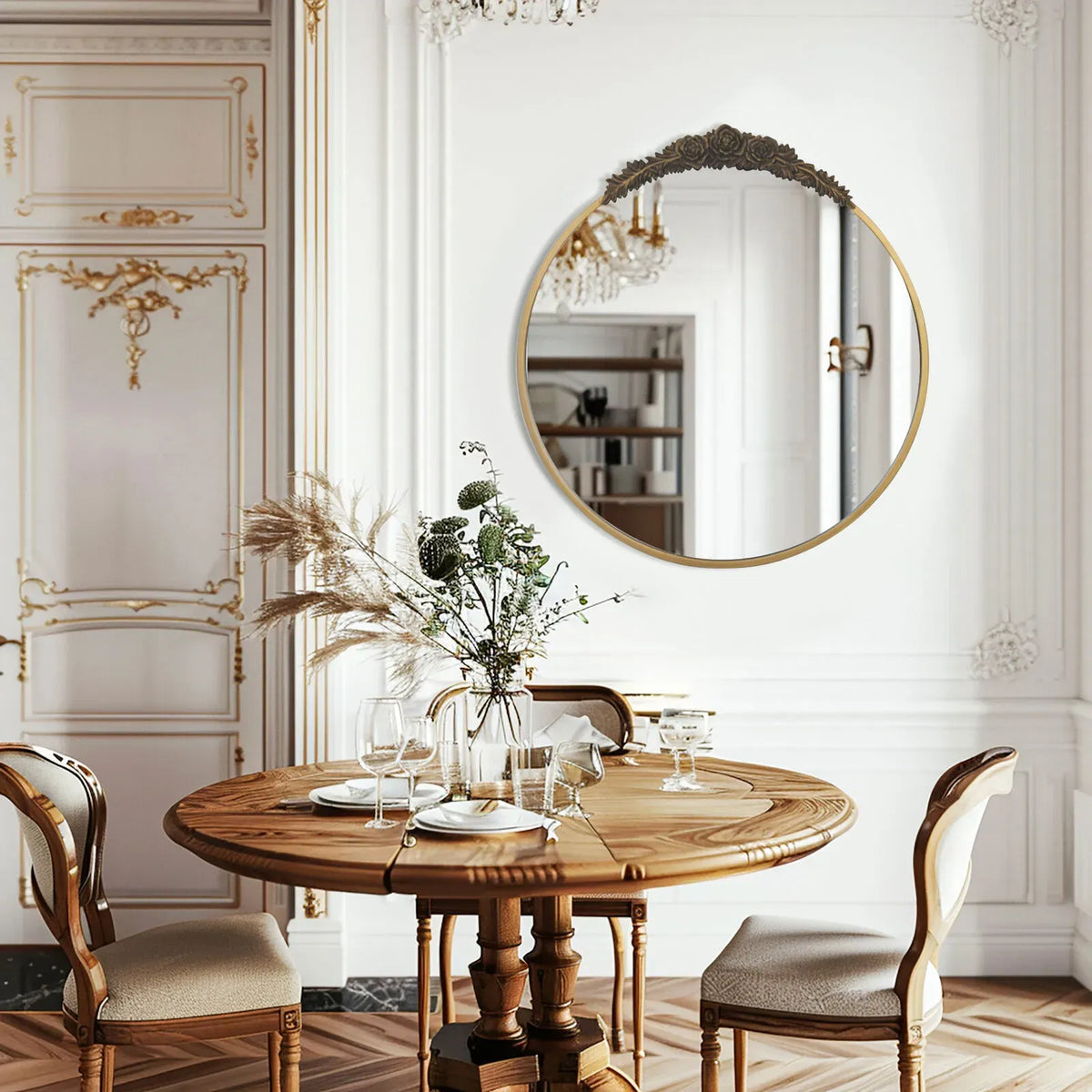 24" Brass Gold Round Baroque Wall Mirror with Embossed Frame