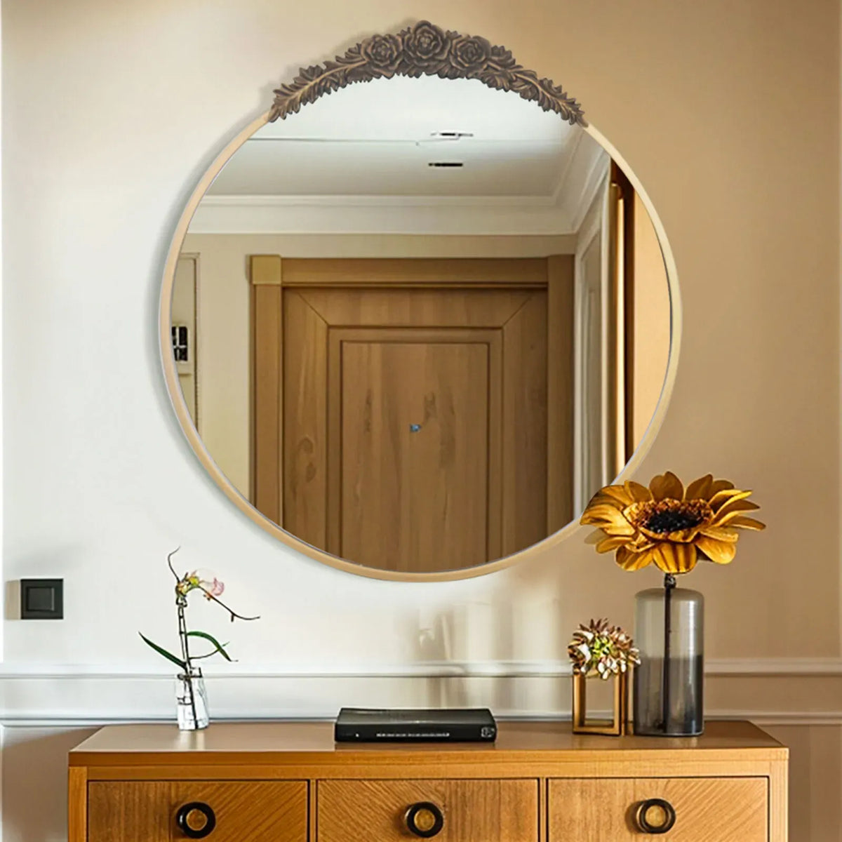 24" Brass Gold Round Baroque Wall Mirror with Embossed Frame