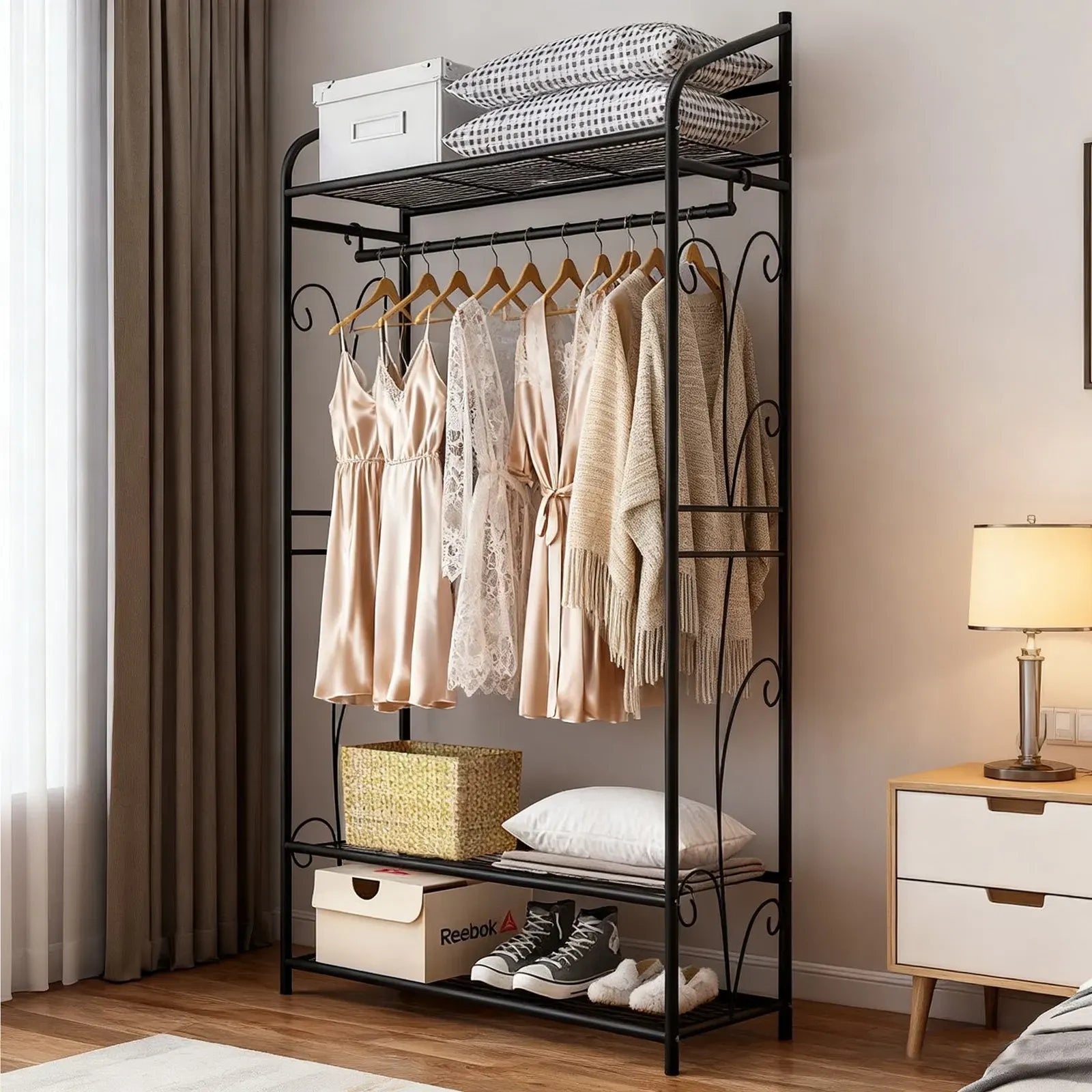 Heavy Duty Black Garment Rack with 3 Tiers, Adjustable Shelving, and Hanging Rod - 79x36x161cm