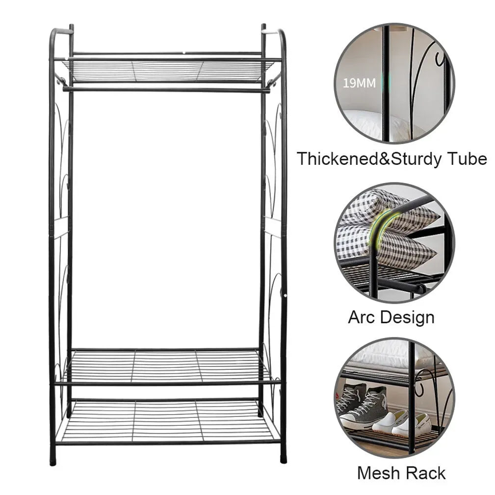 Heavy Duty Black Garment Rack with 3 Tiers, Adjustable Shelving, and Hanging Rod - 79x36x161cm