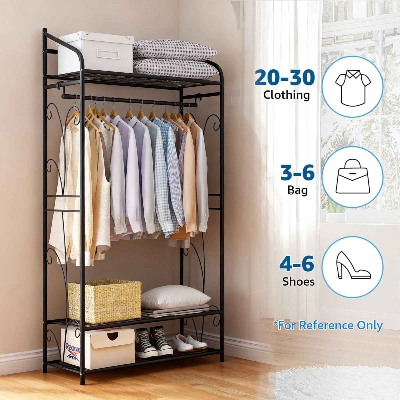 Heavy Duty Black Garment Rack with 3 Tiers, Adjustable Shelving, and Hanging Rod - 79x36x161cm