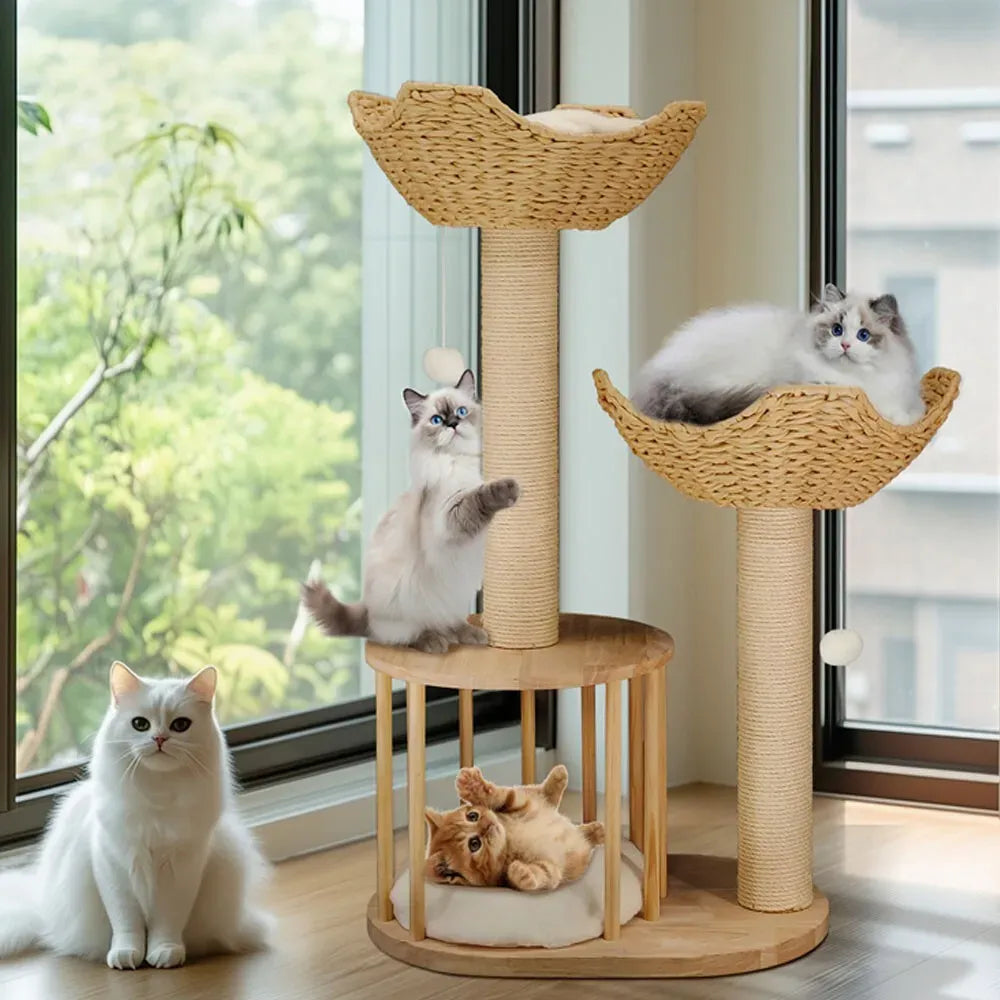 Large Cat Scratching Post Tree Tower with Baskets and Cubby Cave in Natural Wood &amp; White, 60x40x99cm
