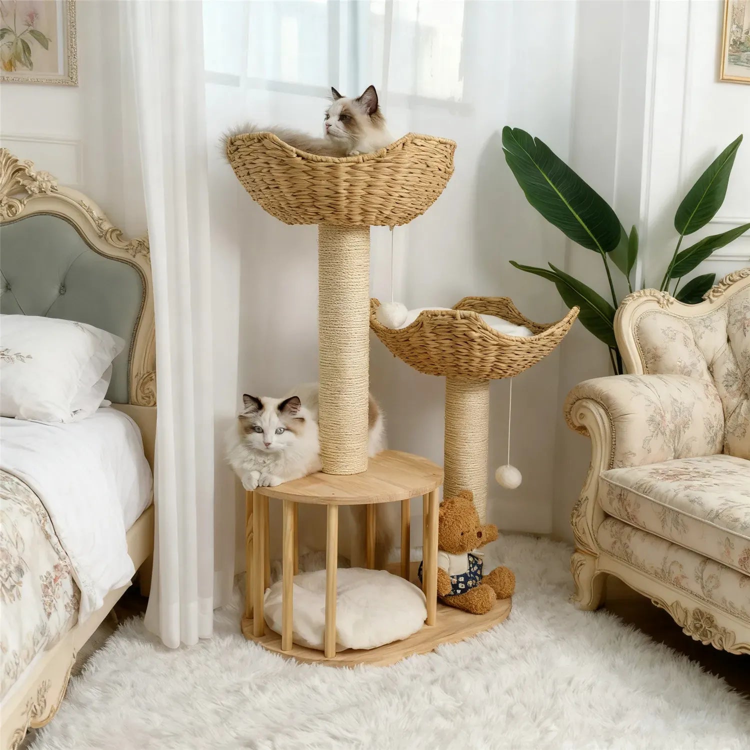 Large Cat Scratching Post Tree Tower with Baskets and Cubby Cave in Natural Wood & White, 60x40x99cm