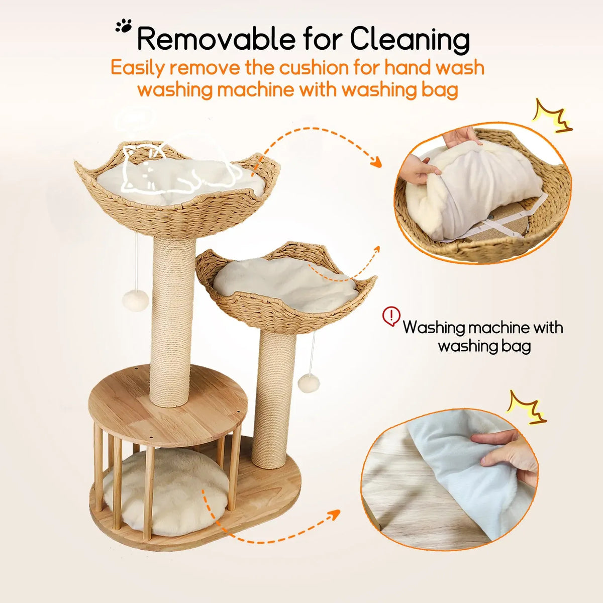 Large Cat Scratching Post Tree Tower with Baskets and Cubby Cave in Natural Wood & White, 60x40x99cm