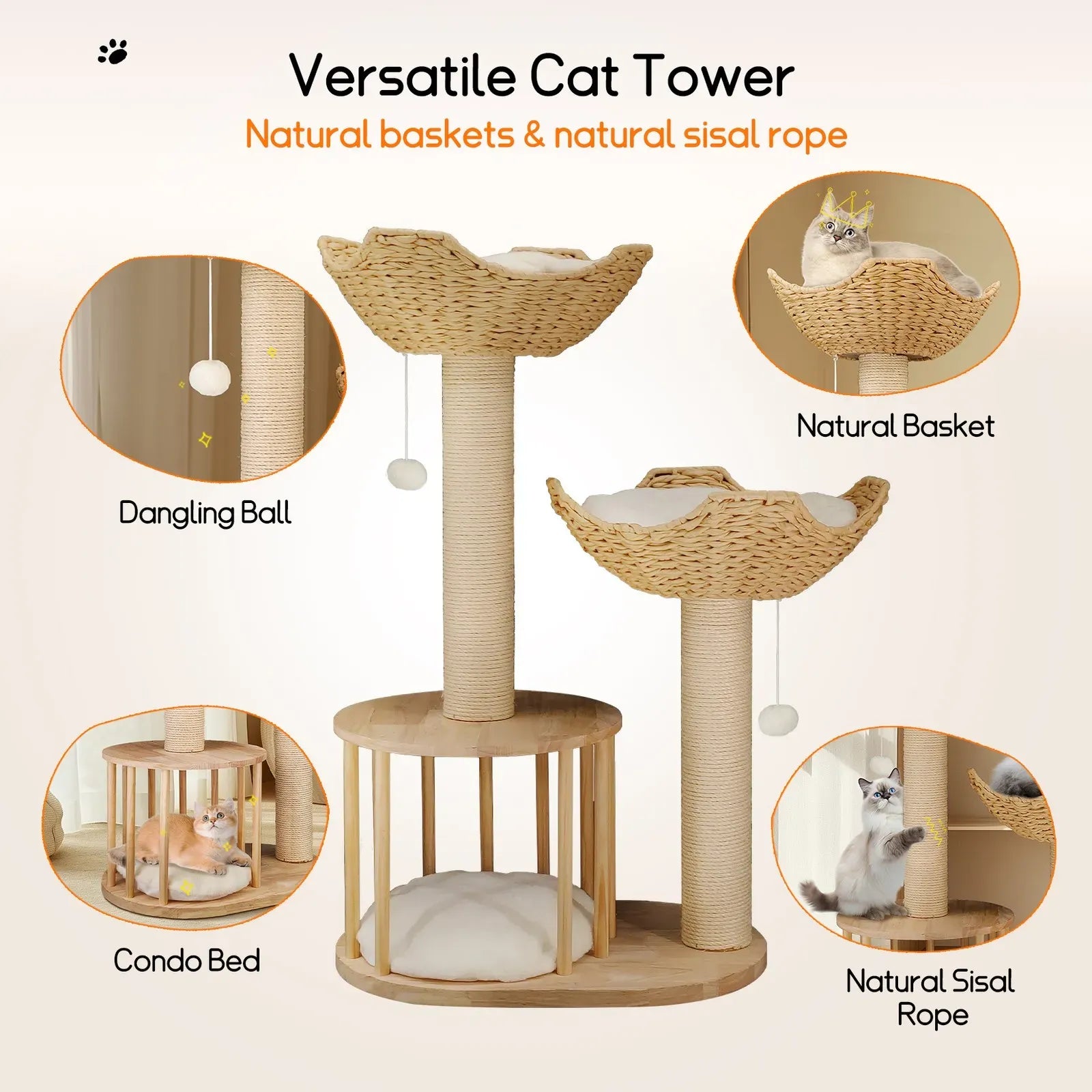 Large Cat Scratching Post Tree Tower with Baskets and Cubby Cave in Natural Wood & White, 60x40x99cm