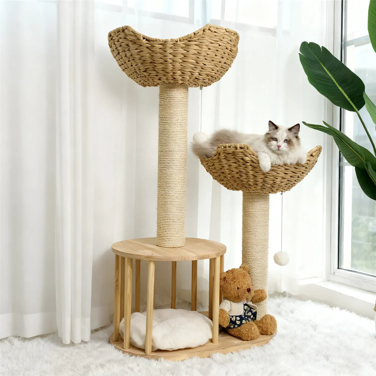 Large Cat Scratching Post Tree Tower with Baskets and Cubby Cave in Natural Wood & White, 60x40x99cm