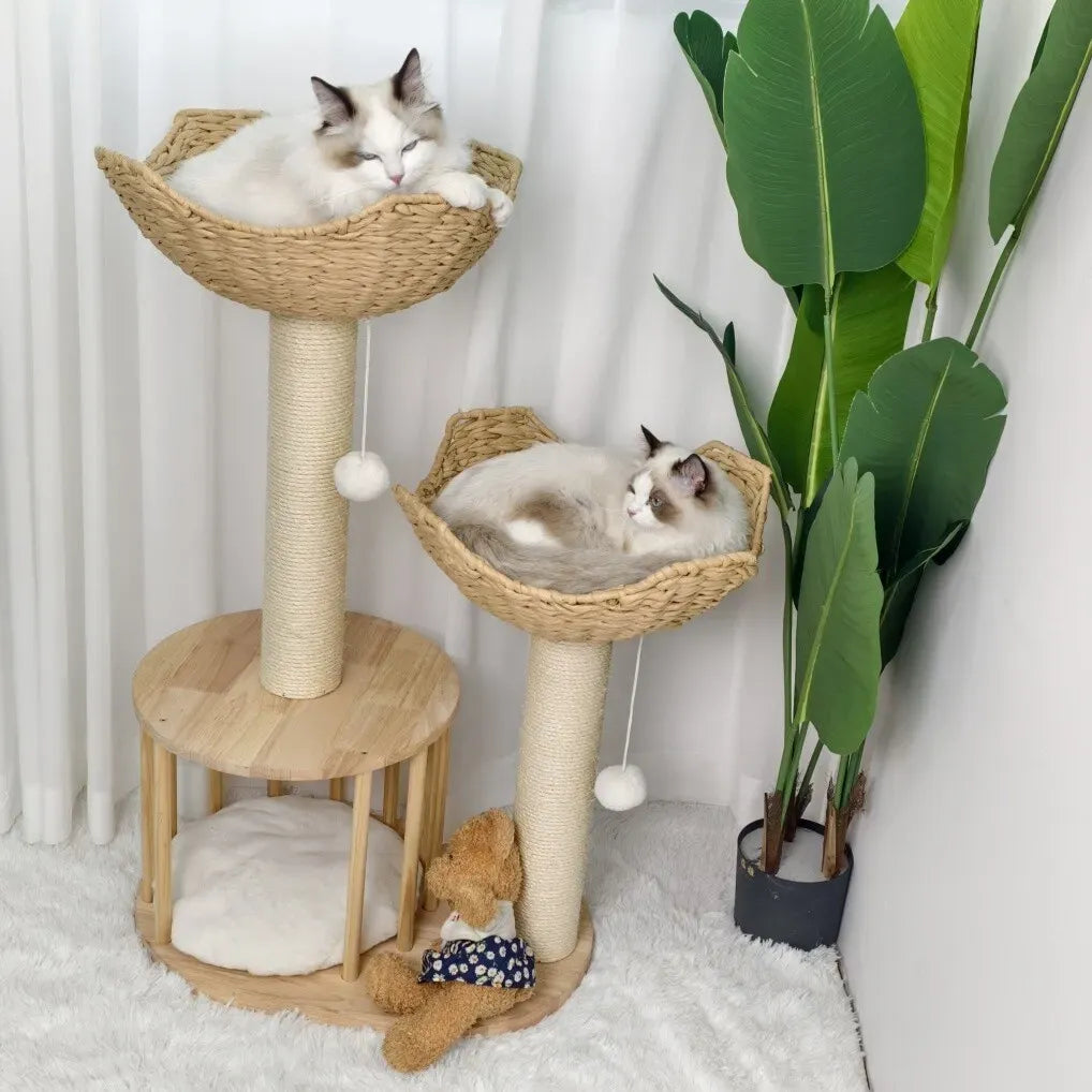 Large Cat Scratching Post Tree Tower with Baskets and Cubby Cave in Natural Wood & White, 60x40x99cm