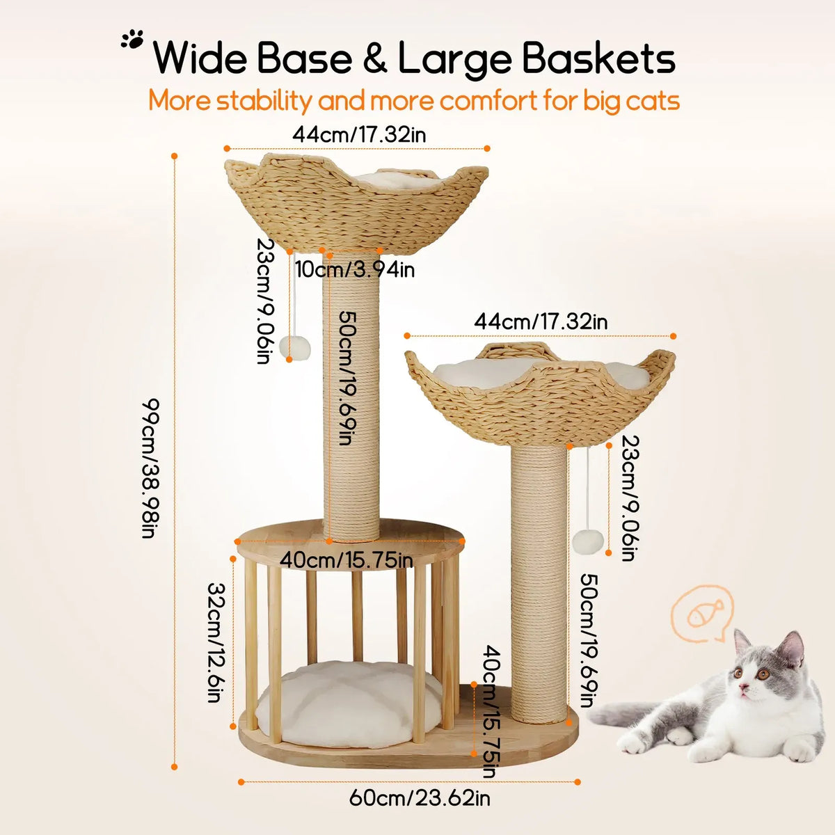 Large Cat Scratching Post Tree Tower with Baskets and Cubby Cave in Natural Wood & White, 60x40x99cm