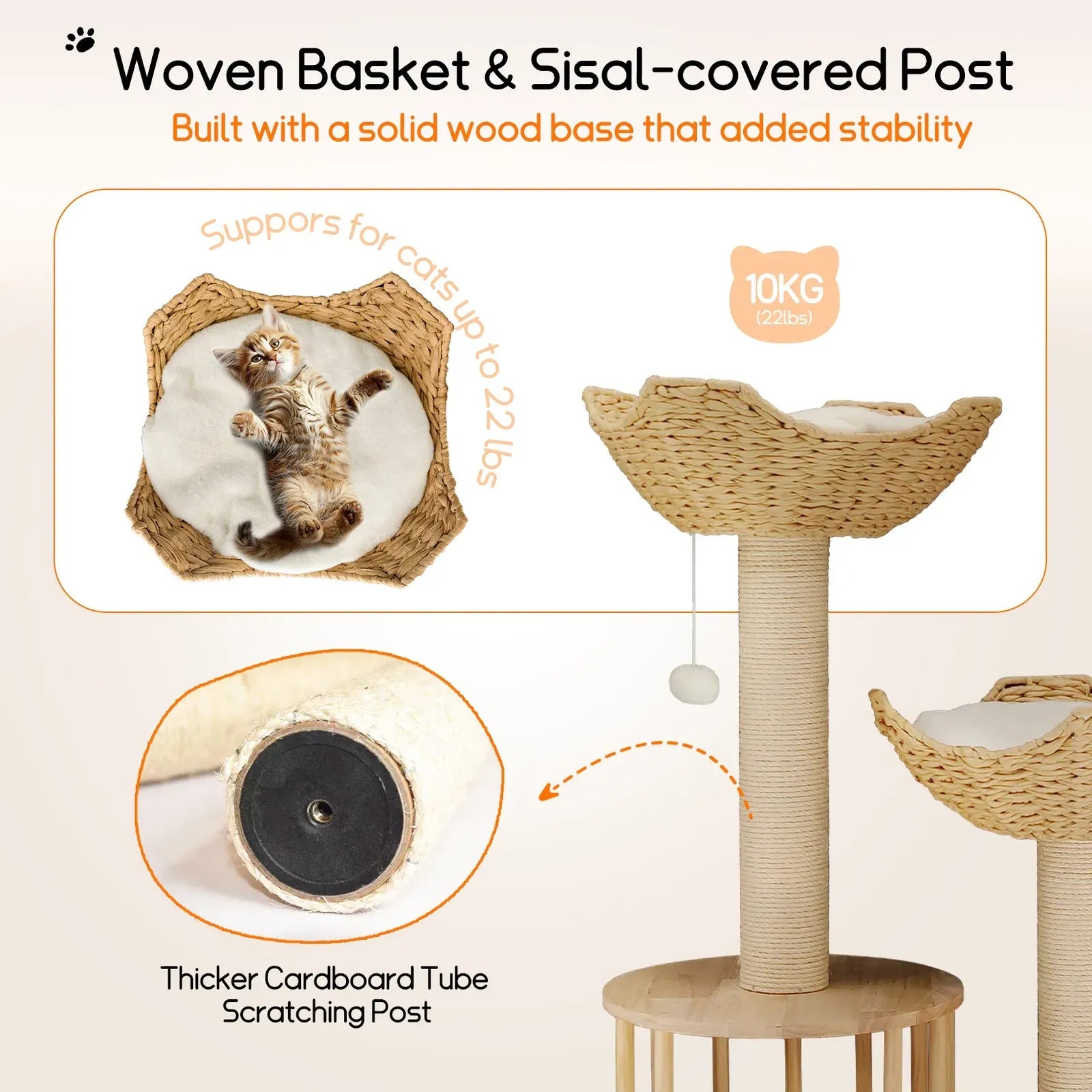 Large Cat Scratching Post Tree Tower with Baskets and Cubby Cave in Natural Wood & White, 60x40x99cm