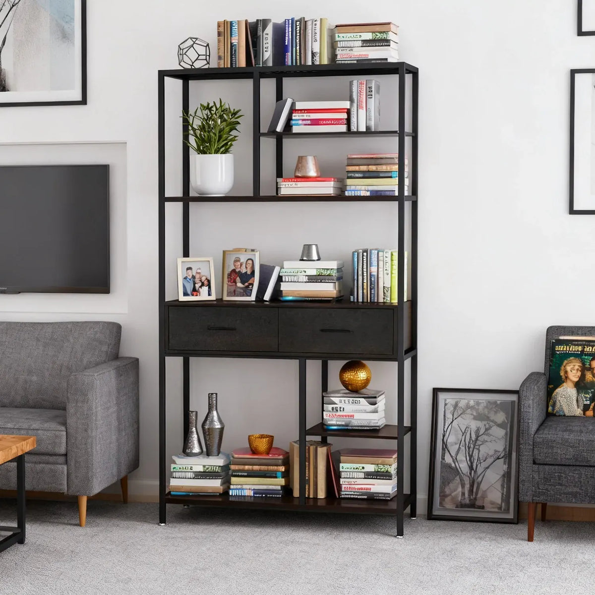 Metal Bookcase With Drawers, Dark Walnut &amp; Black, 90x30x180cm, 6 Shelves