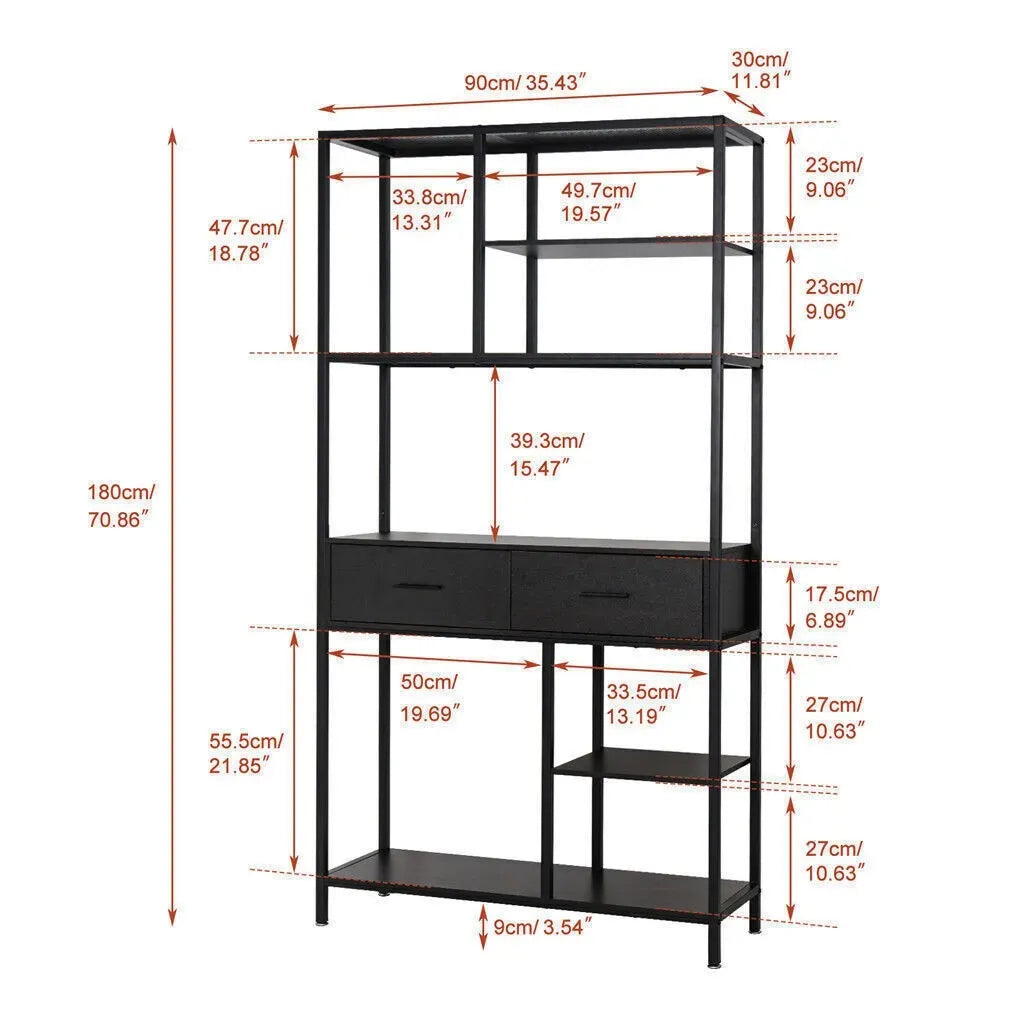 Metal Bookcase With Drawers, Dark Walnut & Black, 90x30x180cm, 6 Shelves