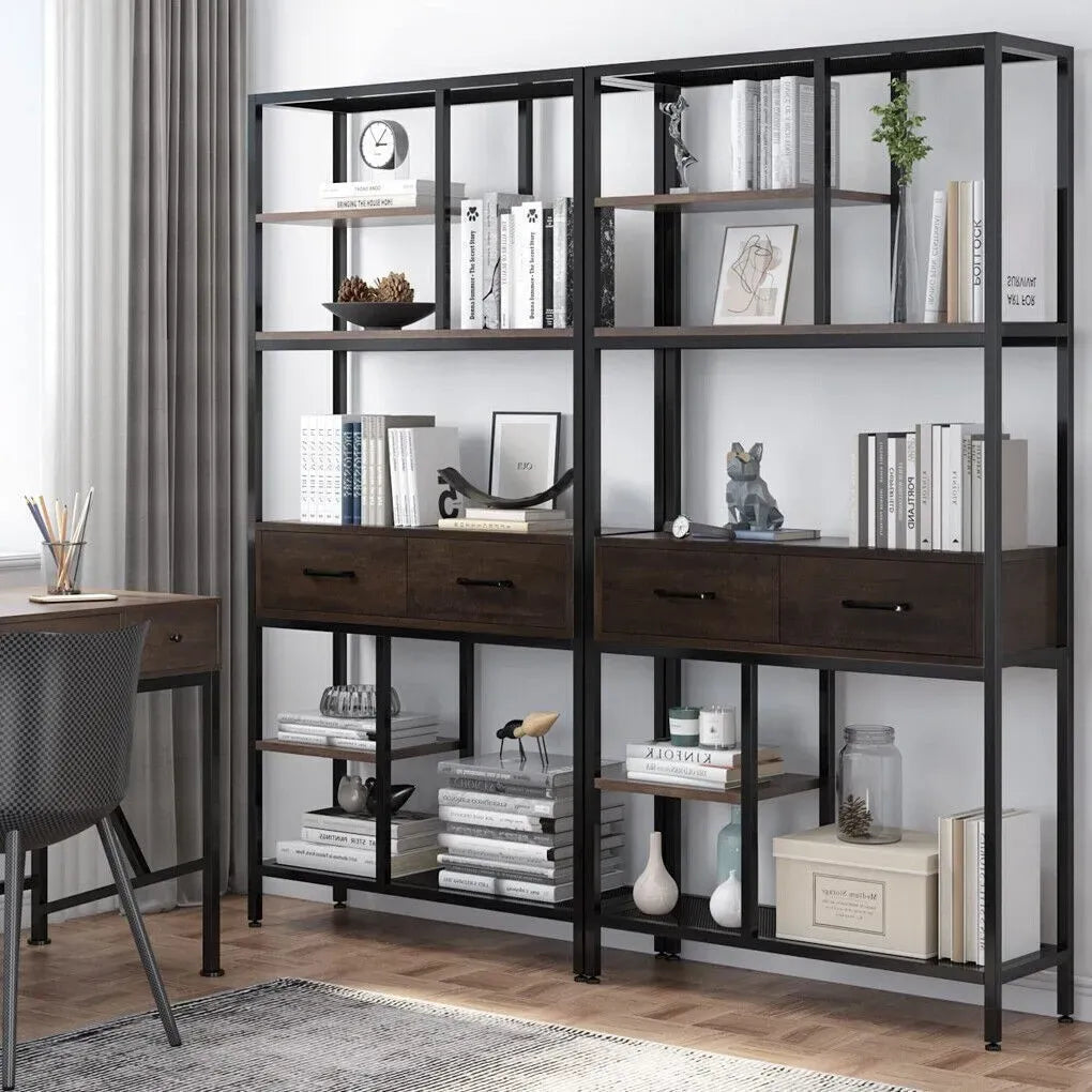 Metal Bookcase With Drawers, Dark Walnut & Black, 90x30x180cm, 6 Shelves