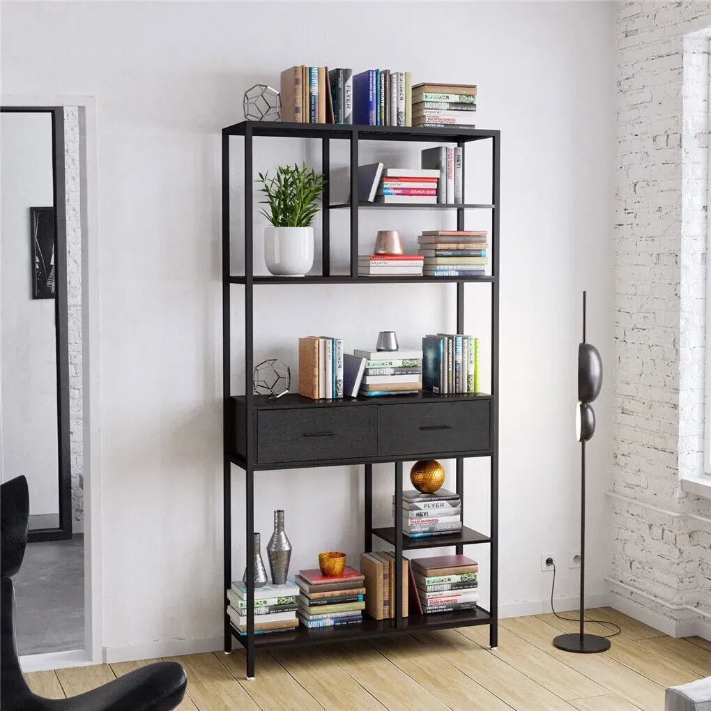 Metal Bookcase With Drawers, Dark Walnut & Black, 90x30x180cm, 6 Shelves