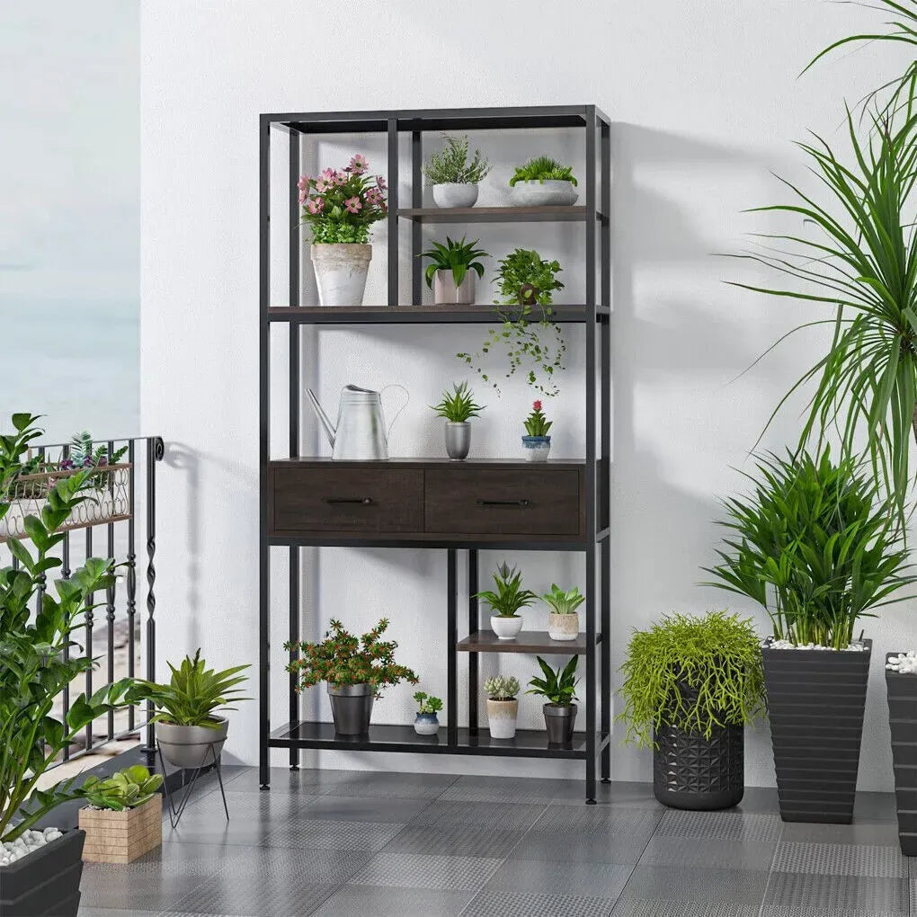 Metal Bookcase With Drawers, Dark Walnut & Black, 90x30x180cm, 6 Shelves
