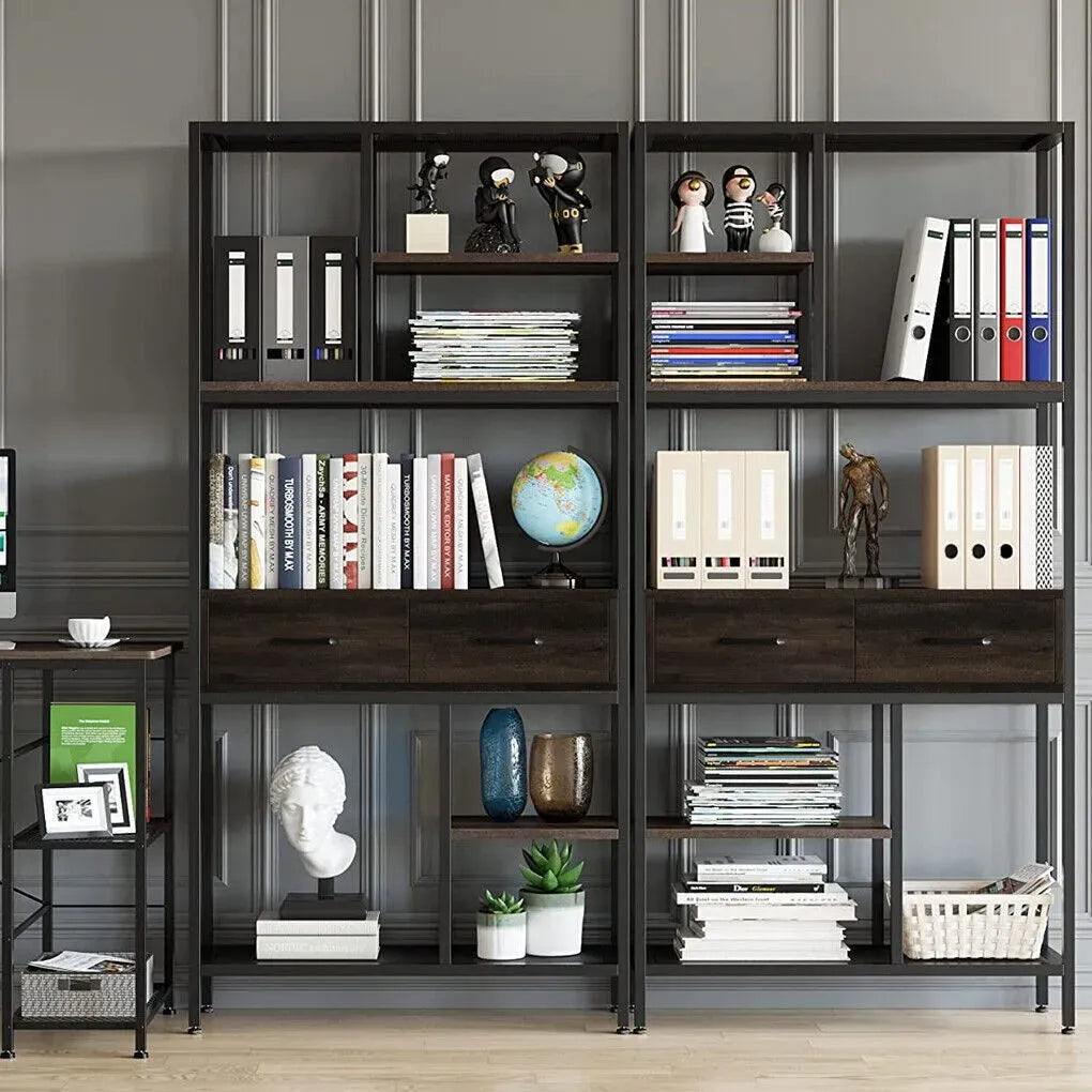 Metal Bookcase With Drawers, Dark Walnut & Black, 90x30x180cm, 6 Shelves