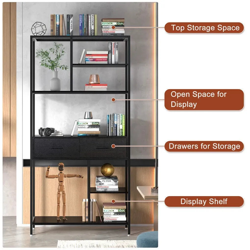 Metal Bookcase With Drawers, Dark Walnut & Black, 90x30x180cm, 6 Shelves