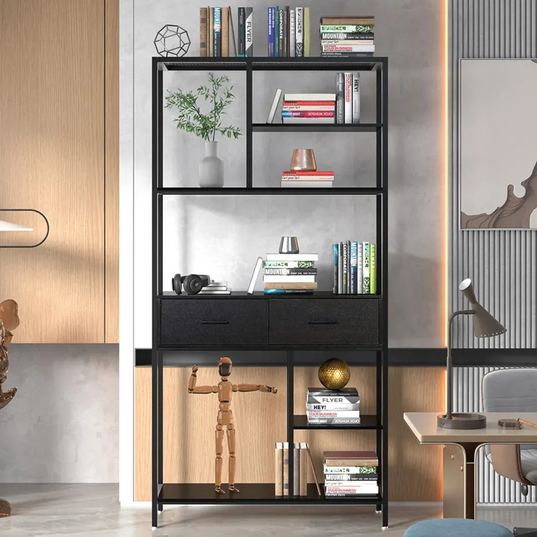 Metal Bookcase With Drawers, Dark Walnut & Black, 90x30x180cm, 6 Shelves
