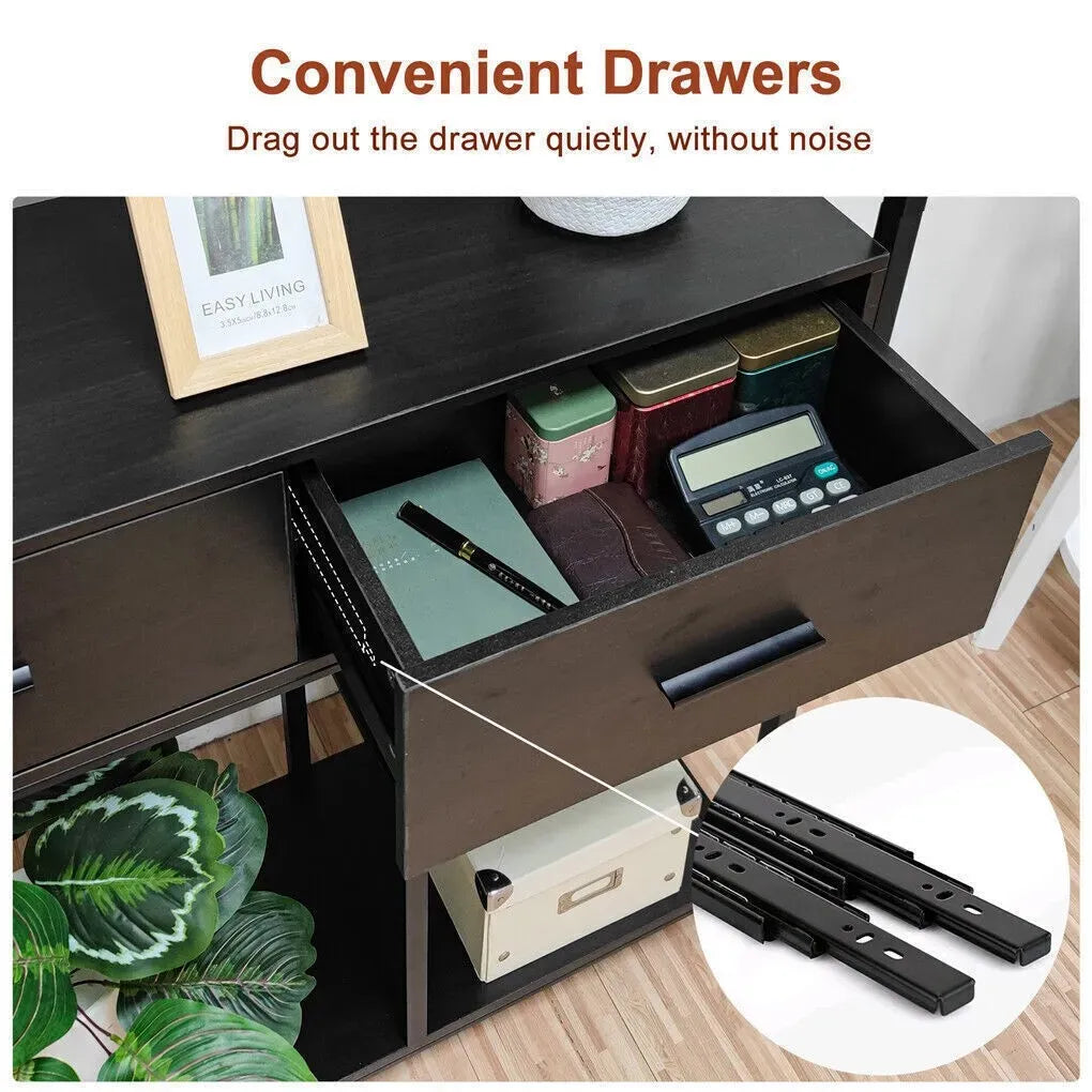 Metal Bookcase With Drawers, Dark Walnut & Black, 90x30x180cm, 6 Shelves