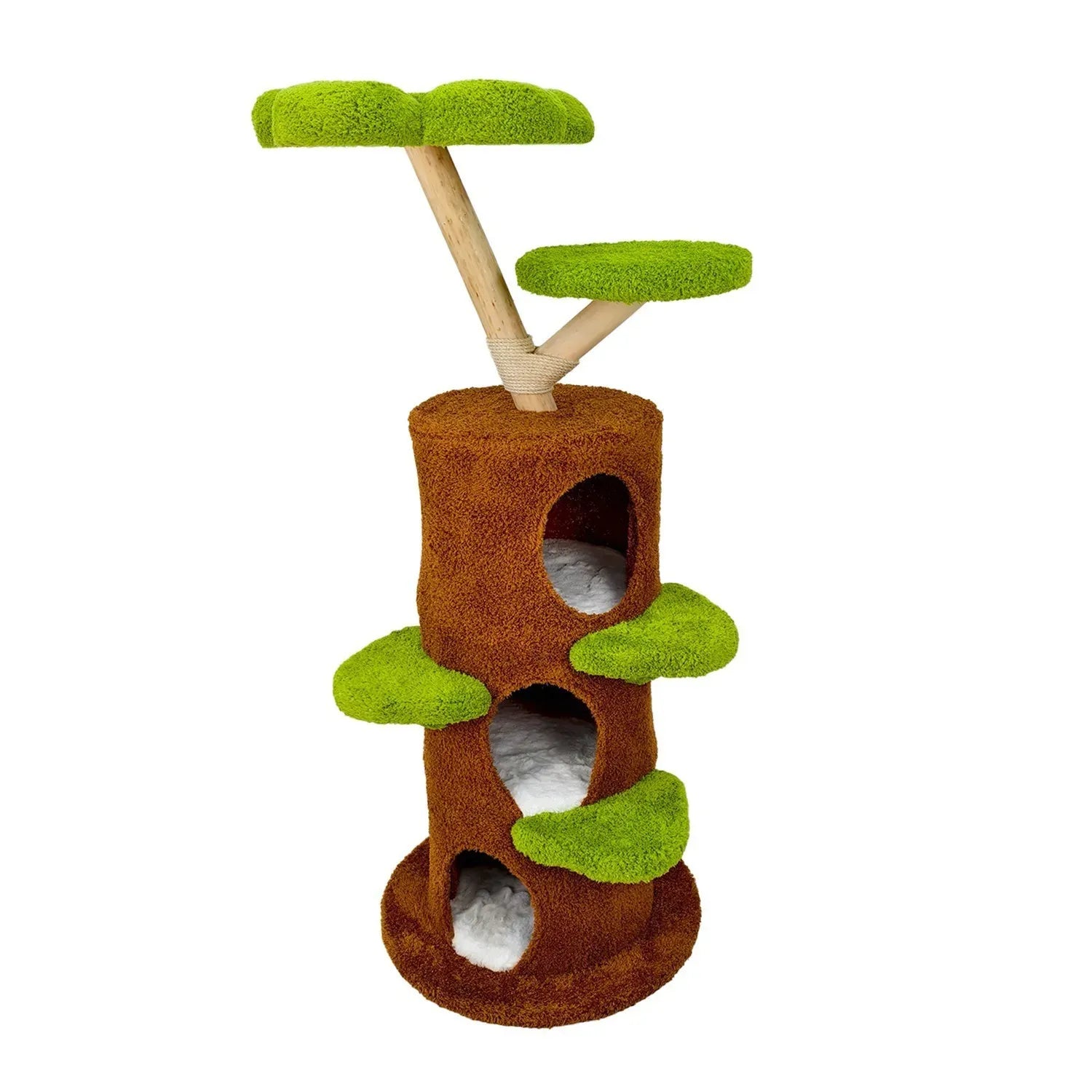 Large Multi-Level Cat Tree Tower in Green & Brown with Plush and Wood Design, 61x148cm