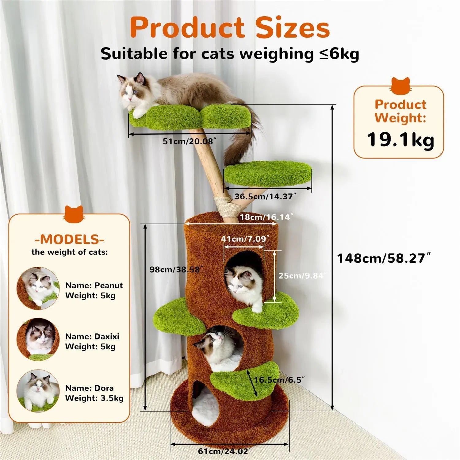 Large Multi-Level Cat Tree Tower in Green & Brown with Plush and Wood Design, 61x148cm
