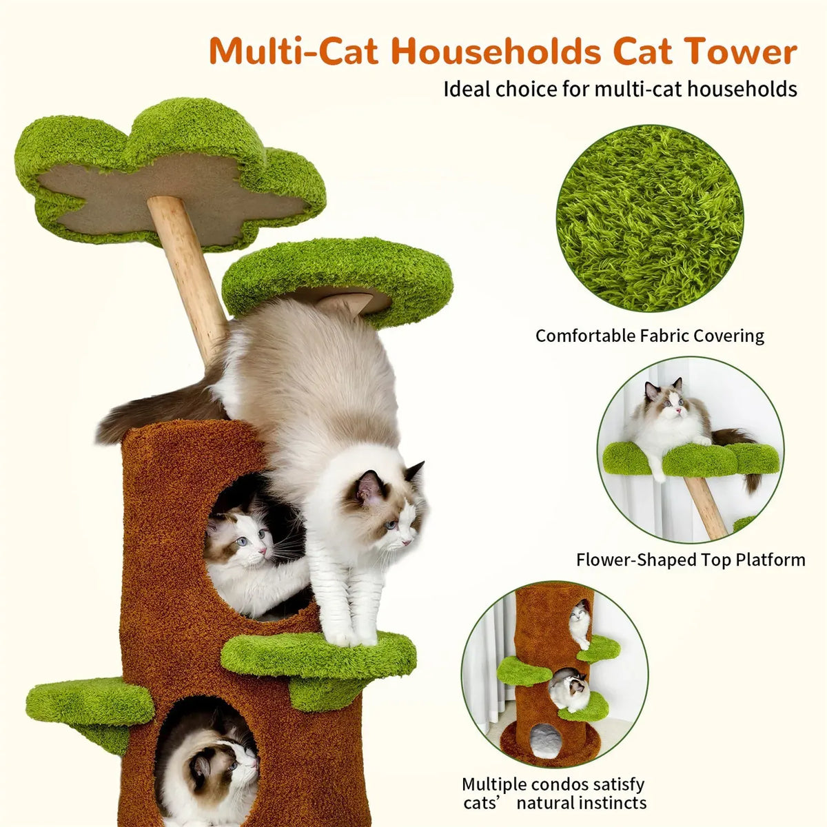 Large Multi-Level Cat Tree Tower in Green & Brown with Plush and Wood Design, 61x148cm