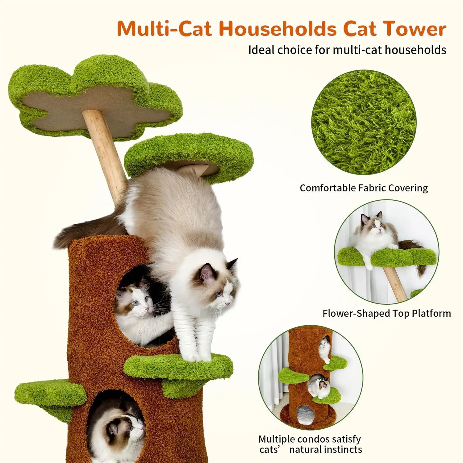 Large Multi-Level Cat Tree Tower in Green & Brown with Plush and Wood Design, 61x148cm