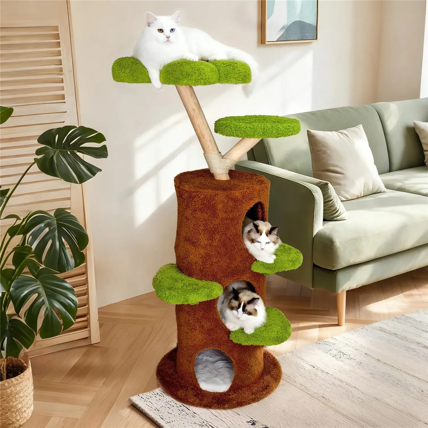 Large Multi-Level Cat Tree Tower in Green & Brown with Plush and Wood Design, 61x148cm