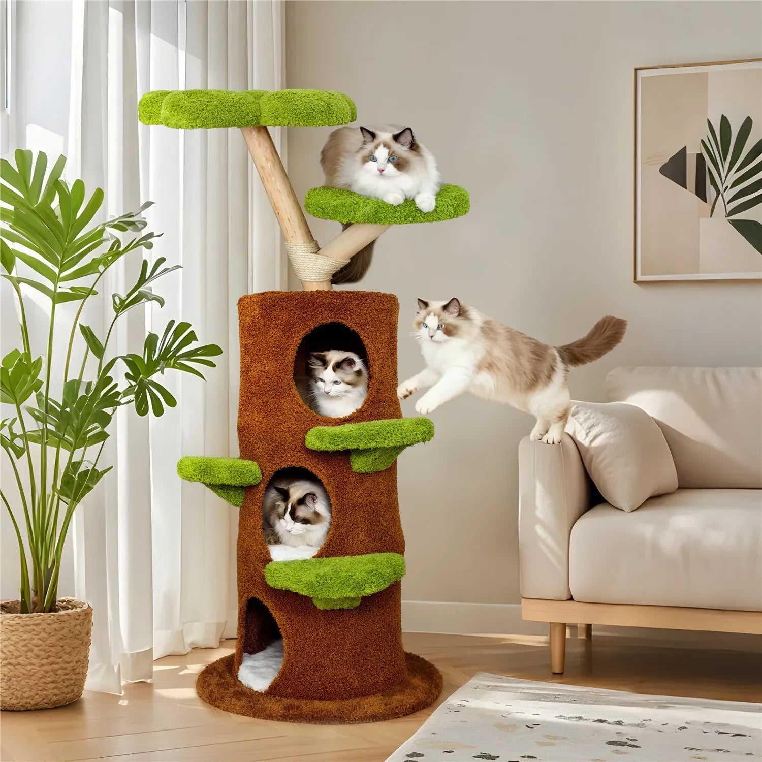 Large Multi-Level Cat Tree Tower in Green & Brown with Plush and Wood Design, 61x148cm