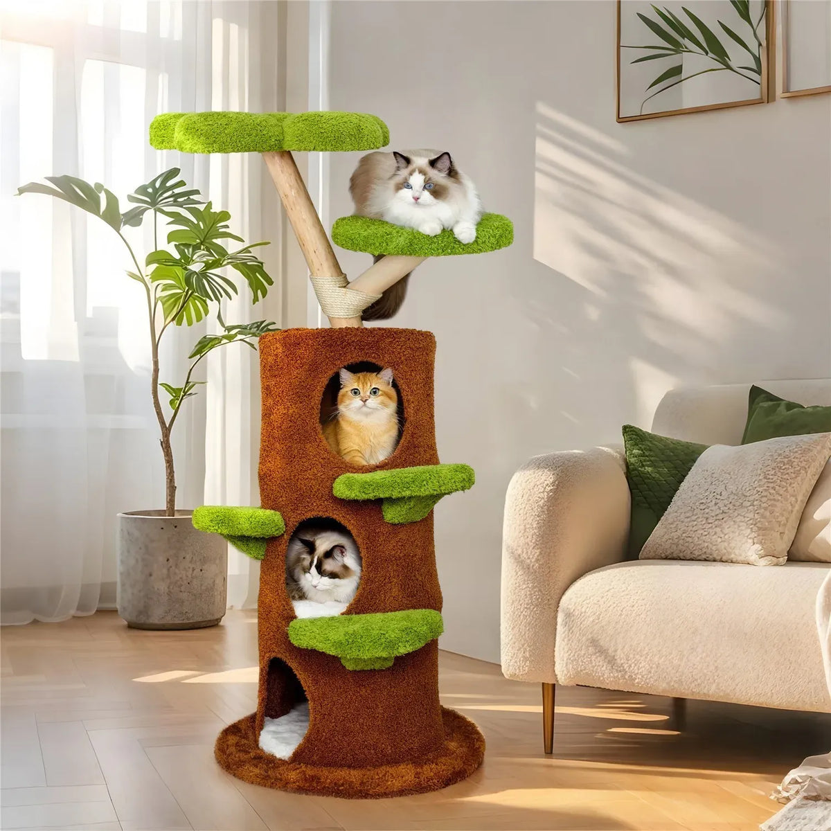 Large Multi-Level Cat Tree Tower in Green & Brown with Plush and Wood Design, 61x148cm