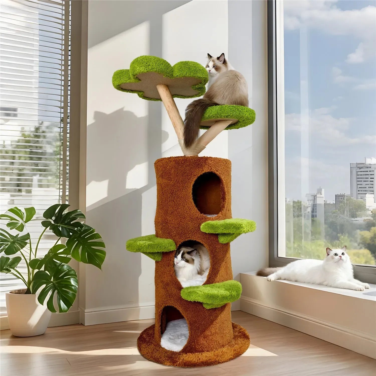 Large Multi-Level Cat Tree Tower in Green & Brown with Plush and Wood Design, 61x148cm