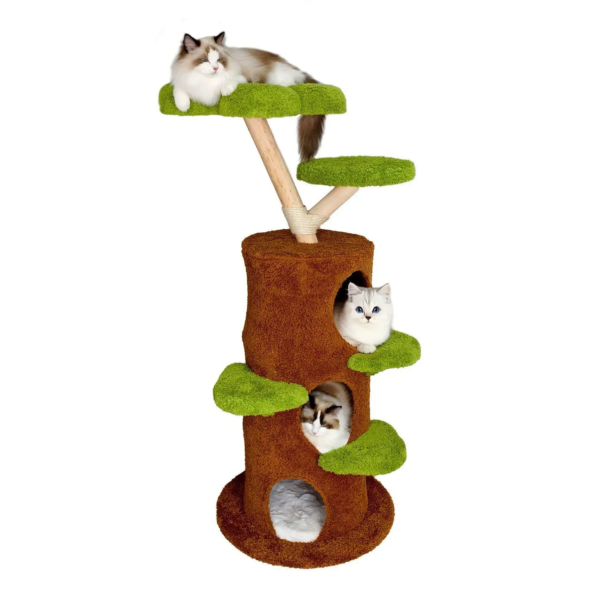 Large Multi-Level Cat Tree Tower in Green & Brown with Plush and Wood Design, 61x148cm