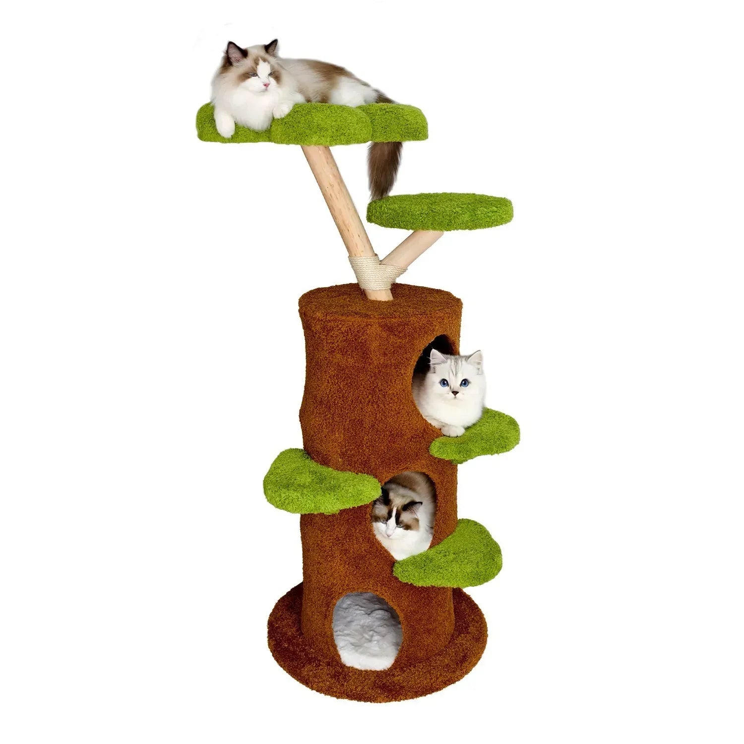 Large Multi-Level Cat Tree Tower in Green & Brown with Plush and Wood Design, 61x148cm