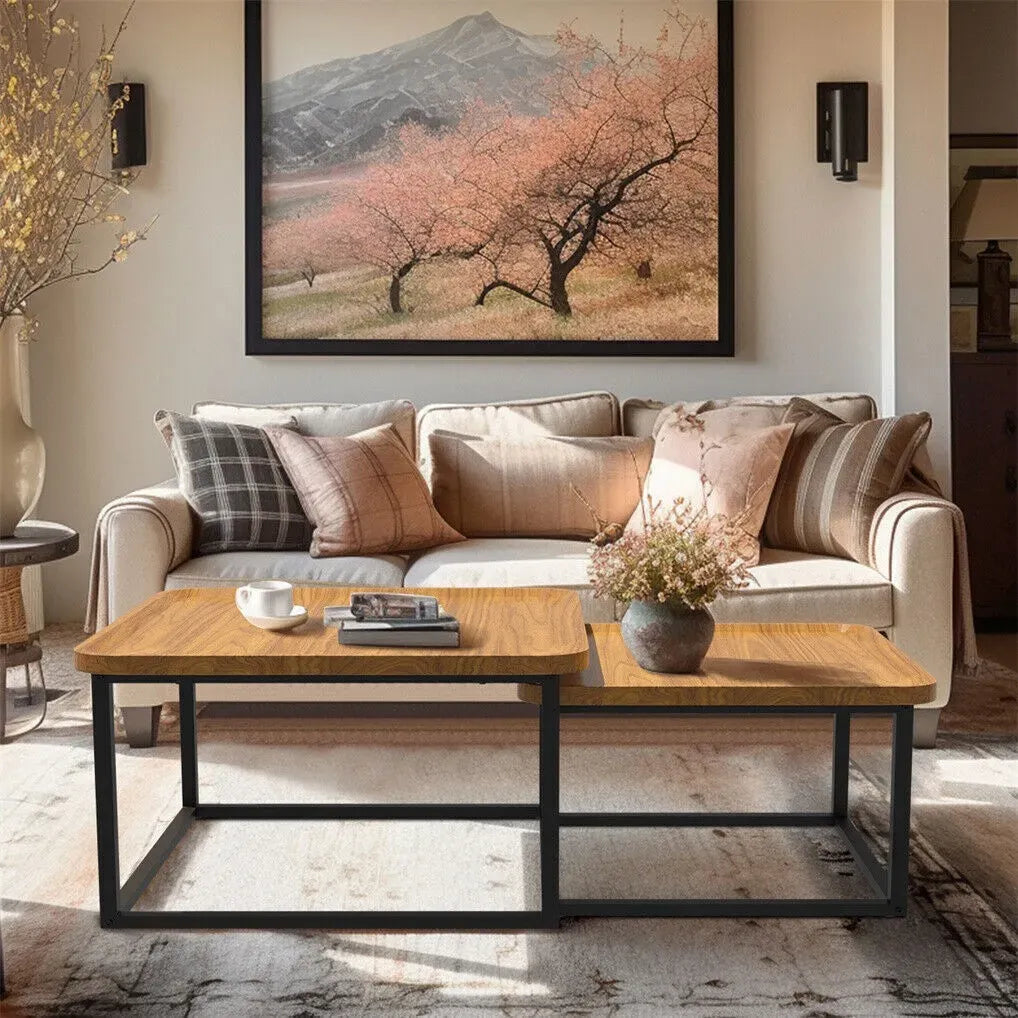 Set of 2 Nesting Coffee Tables in Walnut Wood & Black - Modern Industrial Design