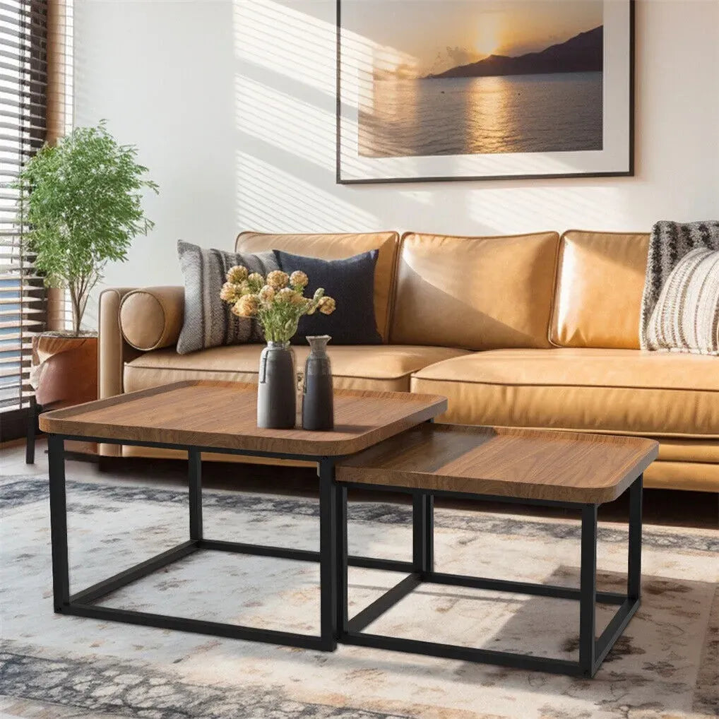 Set of 2 Nesting Coffee Tables in Walnut Wood & Black - Modern Industrial Design
