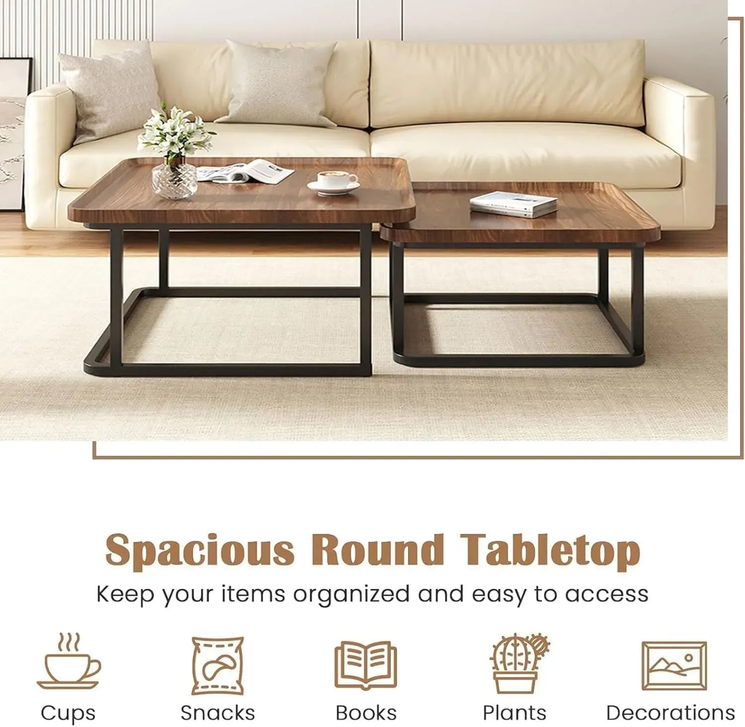 Set of 2 Nesting Coffee Tables in Walnut Wood & Black - Modern Industrial Design