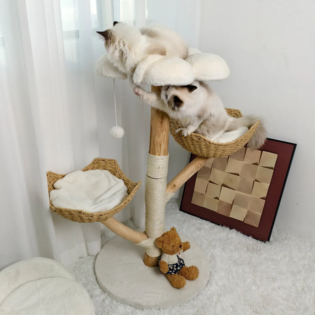 Real Wood Cat Tree Tower in Natural Wood for Indoor Cats Up to 10KG, 60x111cm